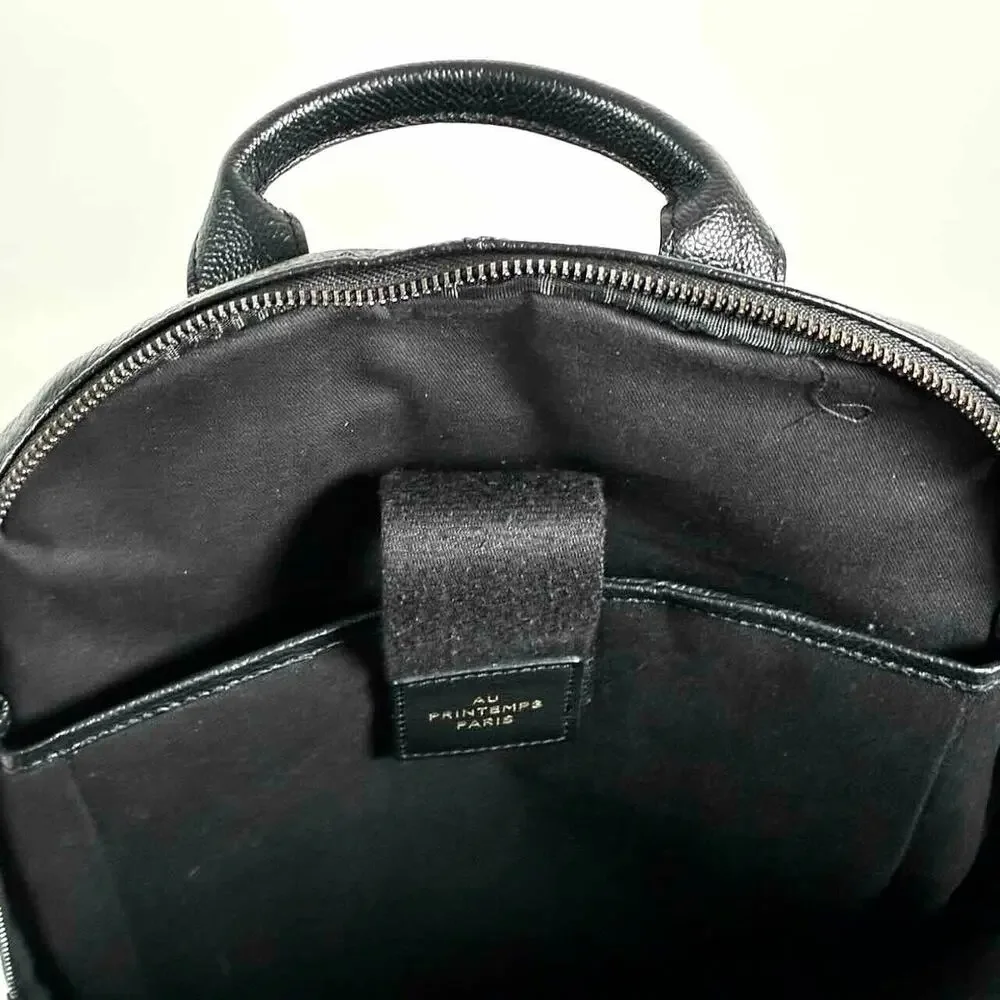 Au Printemps Paris Black Leather Backpack - Laptop Sleeve - Padded Straps